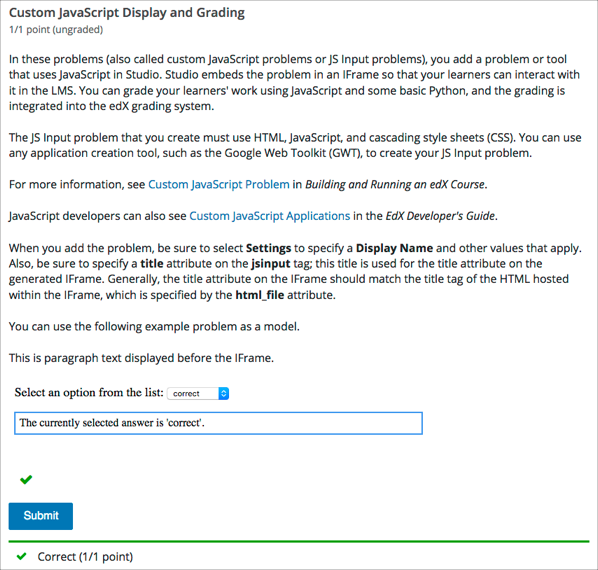 An example JavaScript Input problem that contains a dropdown selector inside an inline frame.