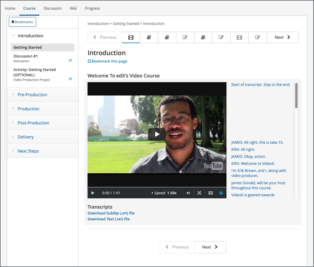A video component presented in the context of the edX LMS, with navigational options to reach all other course content.