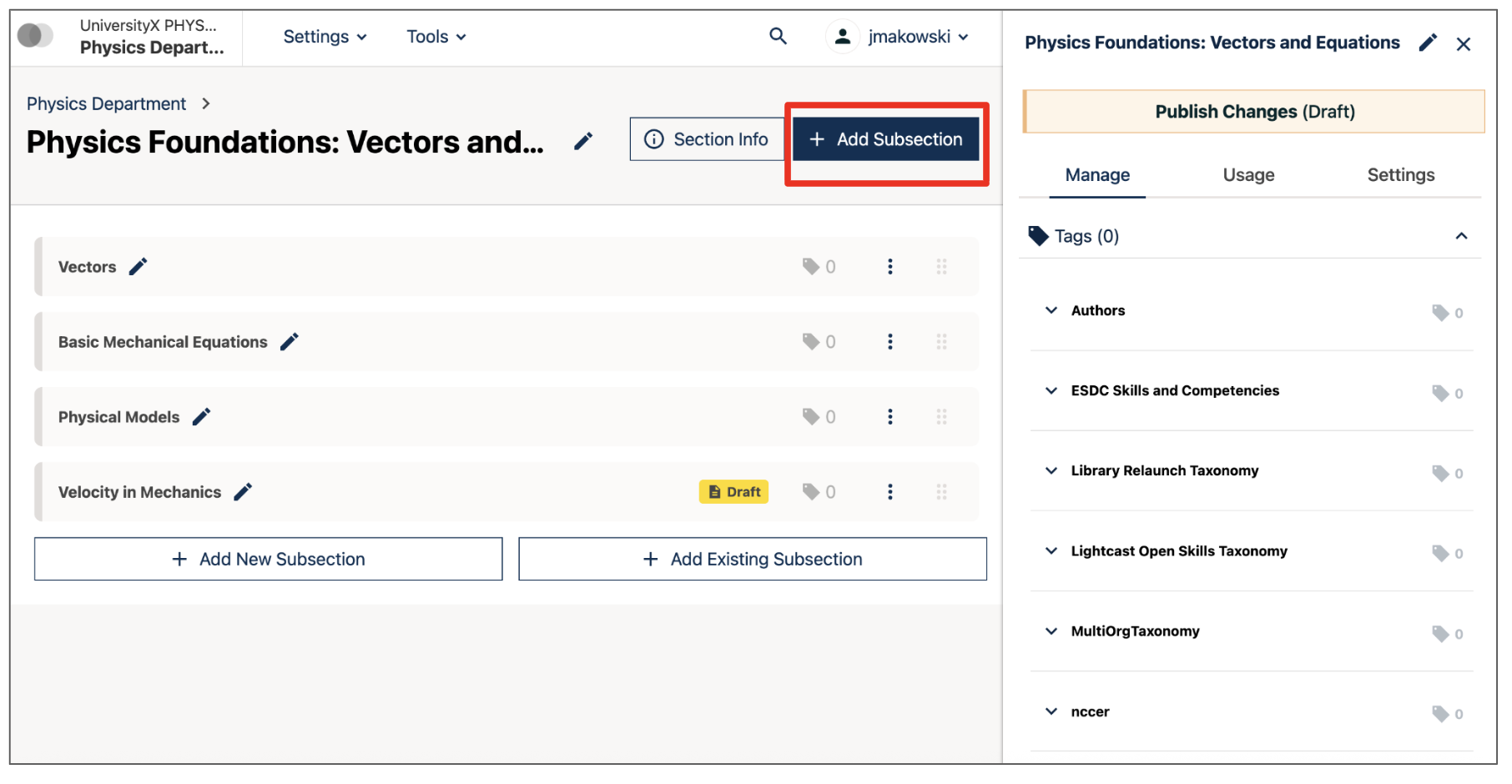 The "+ Add Subsection" button appears on the main Library page, at the top right of the page