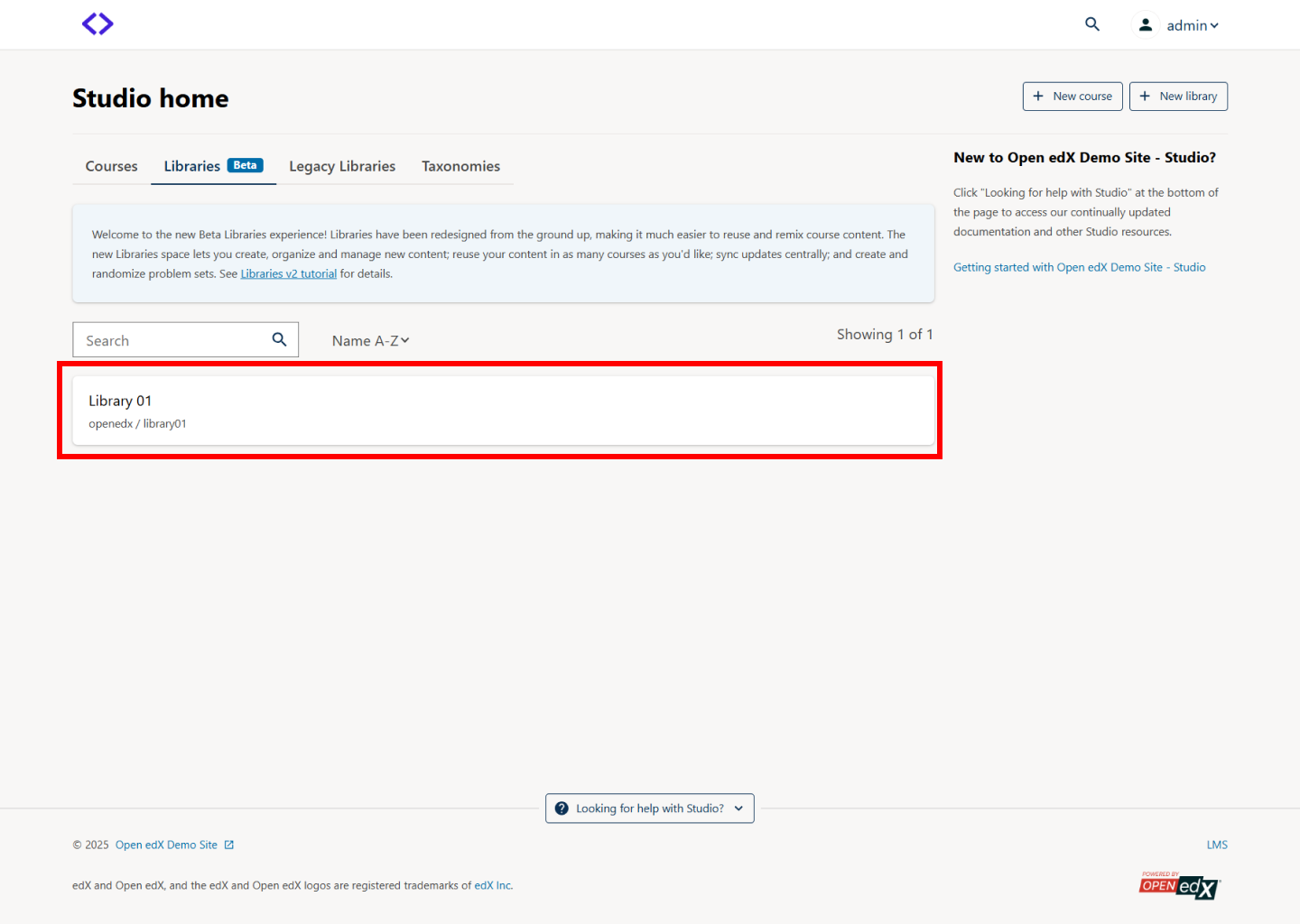 Studio Homepage, with a Library highlighted