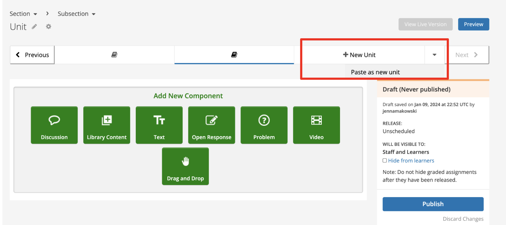 The "Paste as new unit" button appears in the "+New Unit" dropdown menu