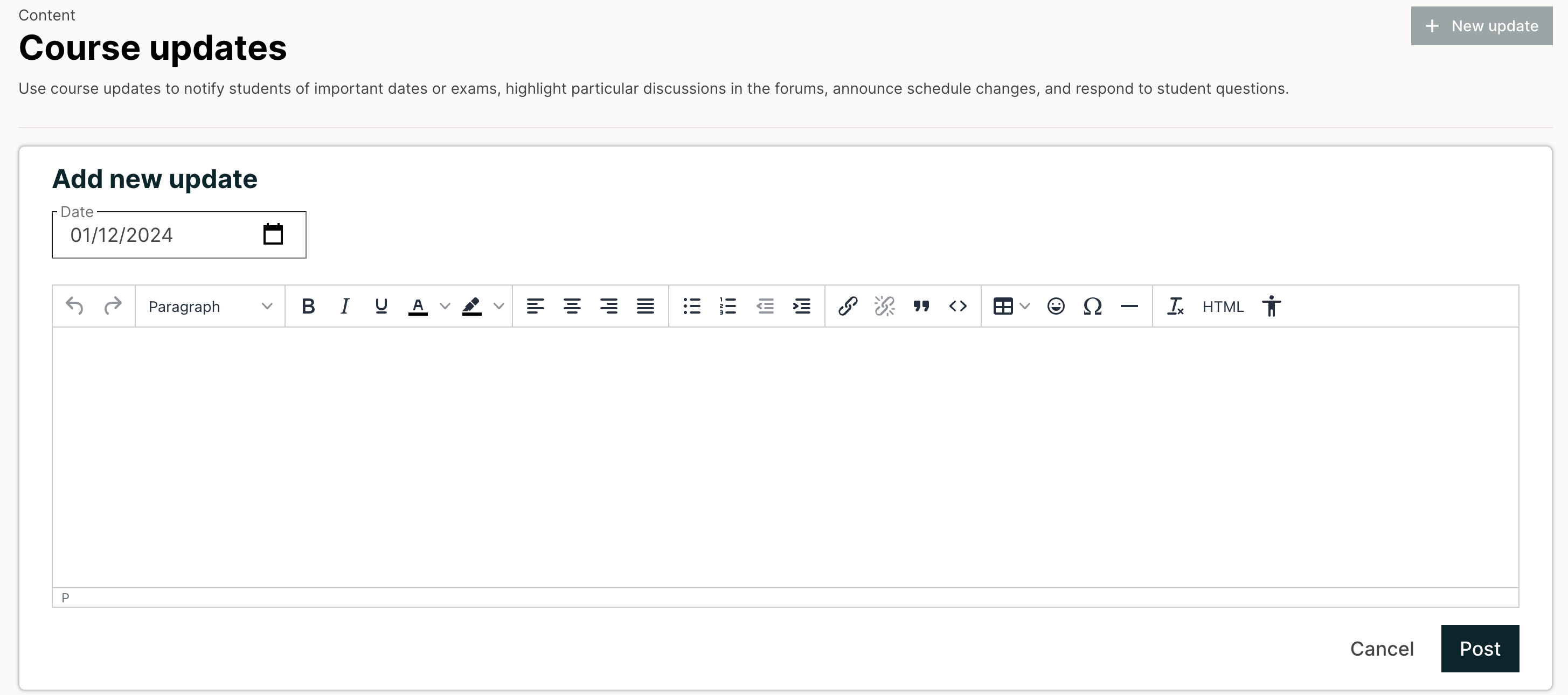 If you select “+ New update”, you see an editor that has many options for styling in the toolbar.