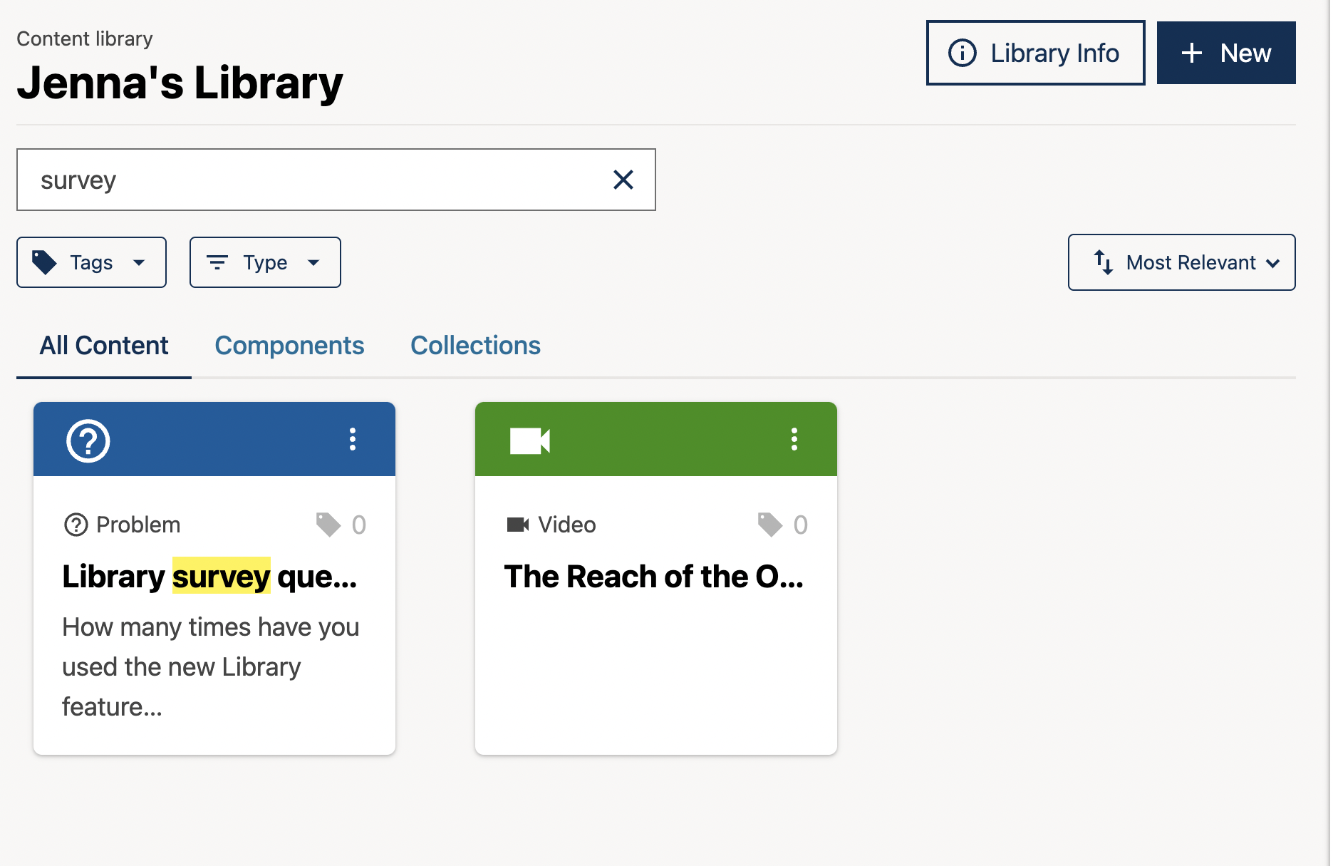 A view of a Library where the search bar is being used to search for the word "survey". A result called "Library survey" appears below the search bar.
