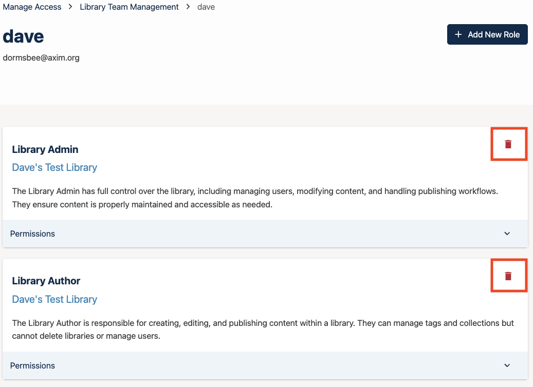 The delete (trash can) icon appears on the top right of each "card", where a card represents one role a user holds.