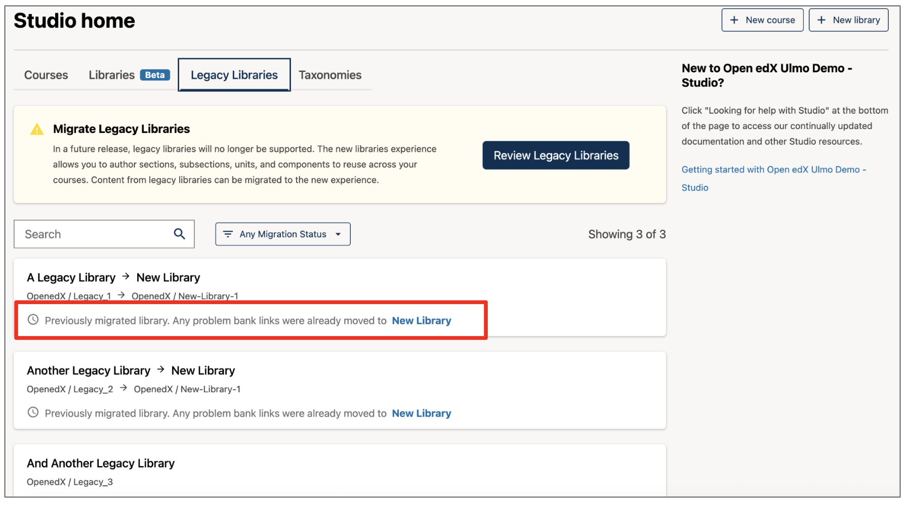 The Legacy Libraries homescreen. Each migrated Legacy Library contains an indicator on its card that it's been migrated.