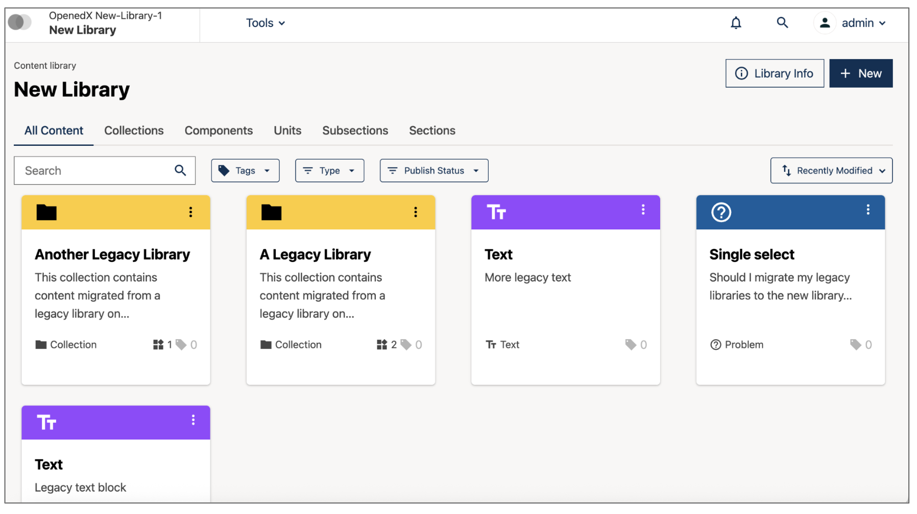 The landing page for the newly-created Library, with each migrated Legacy Library showing as a distinct collection.