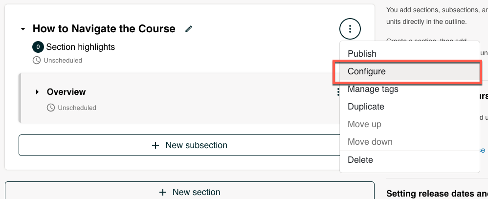 The section settings icon circled.